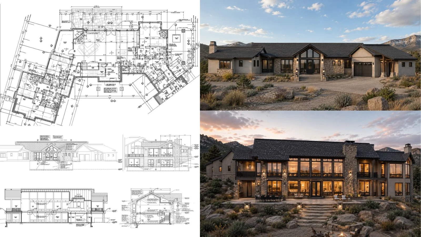 Exterior renderings paired with architectural plans