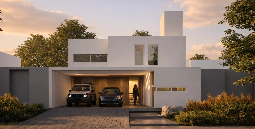Photorealistic exterior rendering of a modern house at dusk