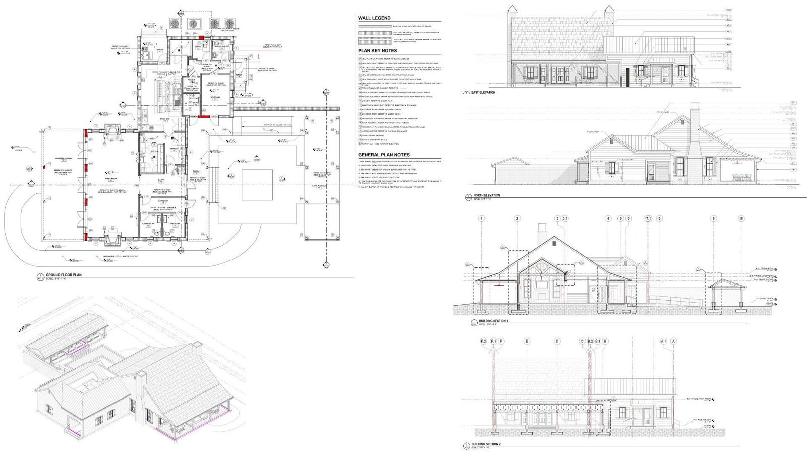 Ground floor plan, key notes and elevations, work sample