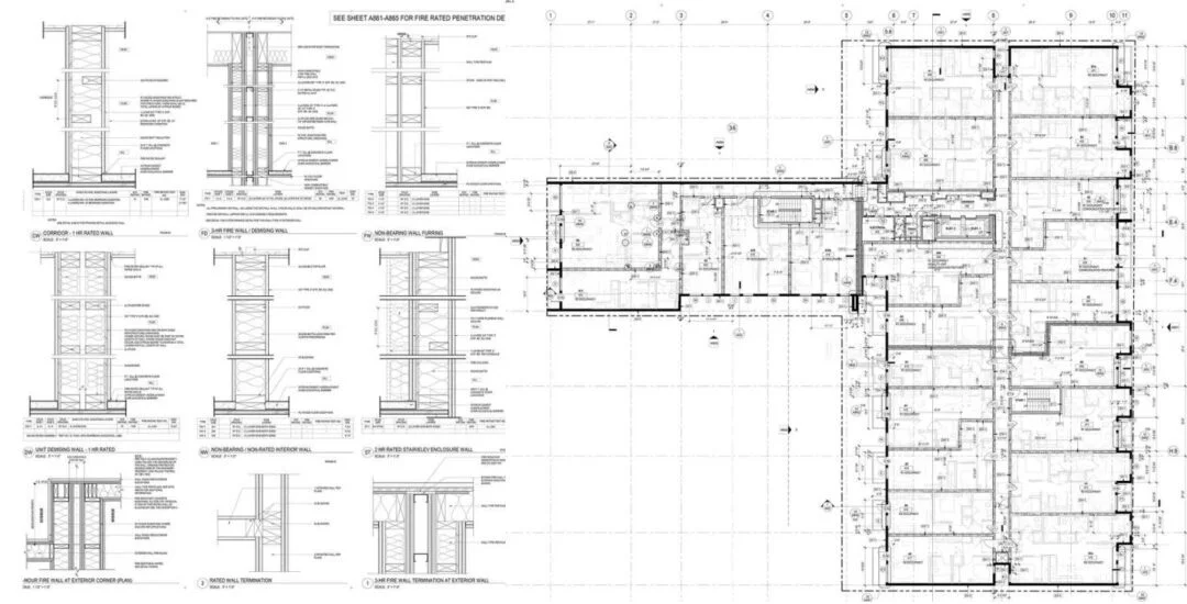 Wall assembly details and floor plan for a permit set