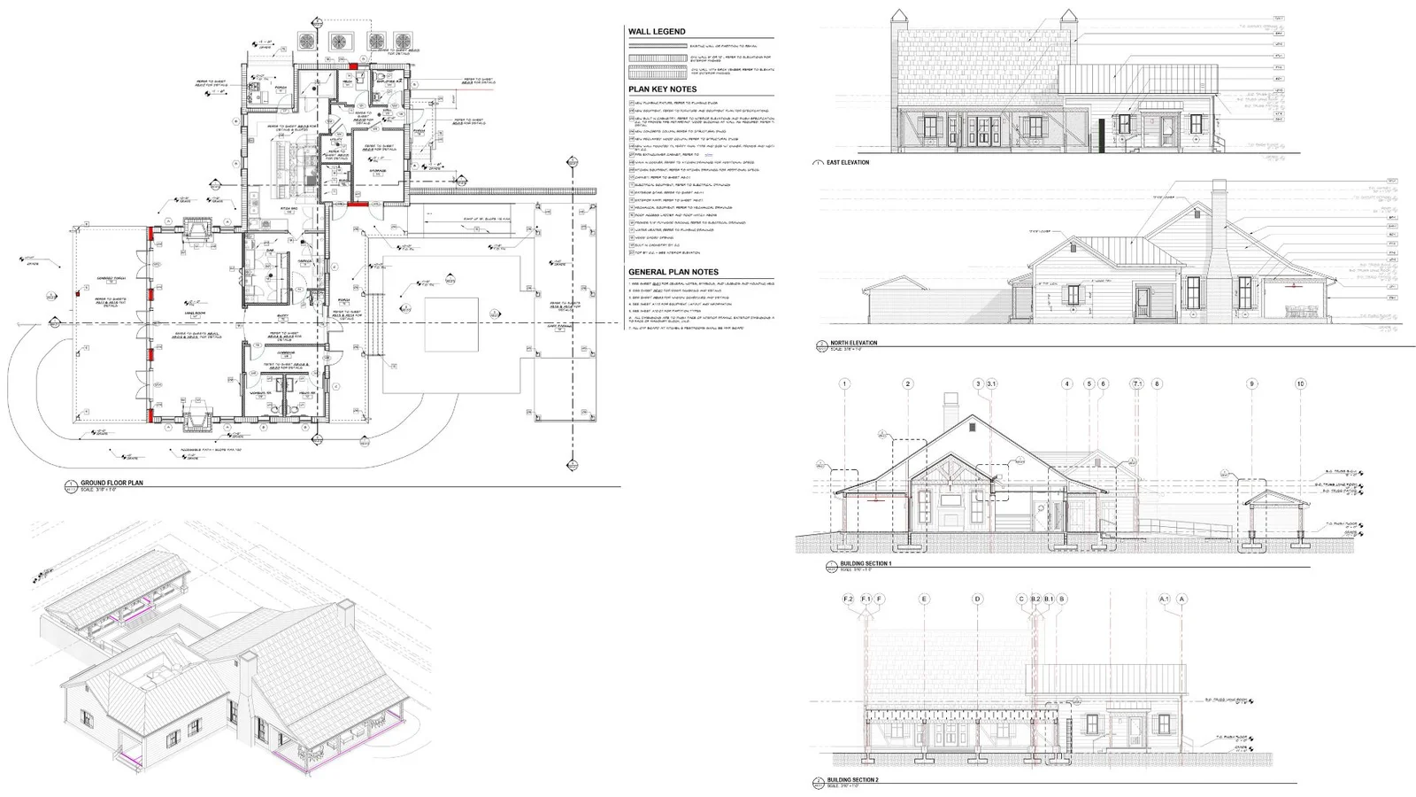 Architectural floor plan sheet with plan notes and elevations